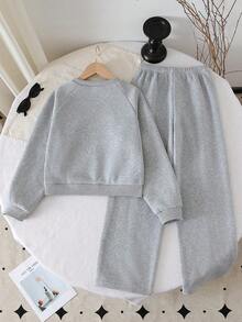 Young Girl Numeric Print Raglan Sleeve Crew Neck Sweatshirt And Wide Leg Pants Casual Suit - Grey - View 2