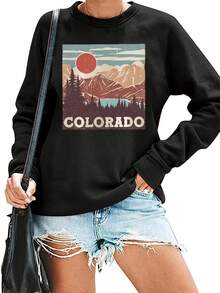 Scenic Print Patterned Top, Casual Round-Neck Long - màu đen - Xem 7