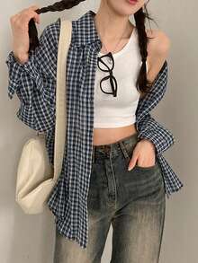经典格子时尚韩版休闲宽松长袖上衣，新款外套衬衫 - 藏青色 - 查看 1
