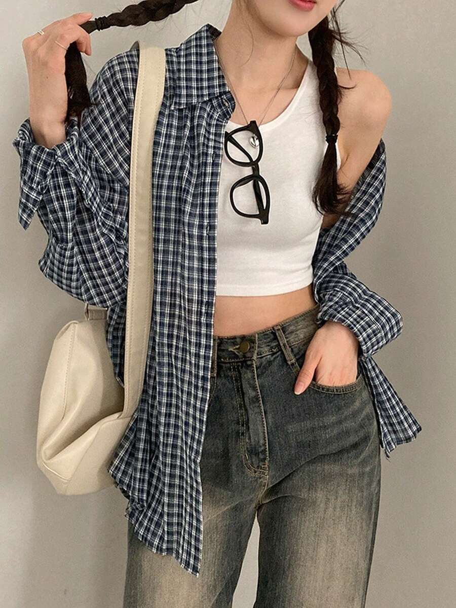 经典格子时尚韩版休闲宽松长袖上衣，新款外套衬衫 - 藏青色 - 查看 1