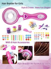 女孩彩虹发带编发工具套装，女孩自动编发器套装。这款二合一DIY套装包含各种彩色发带和创意配件。