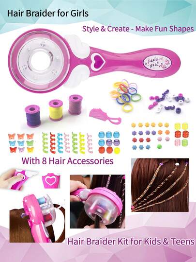 女孩彩虹发带编发工具套装，女孩自动编发器套装。这款二合一DIY套装包含各种彩色发带和创意配件。
