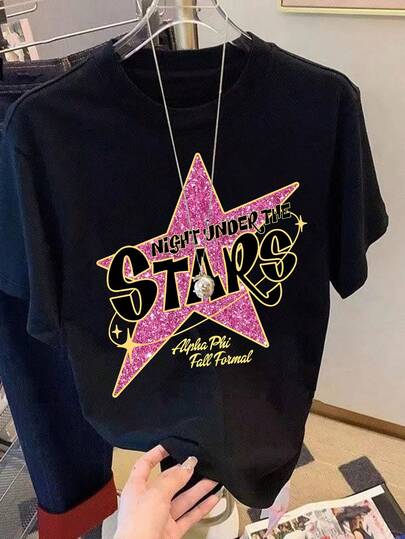 Girls' Oversized Pink Sequin Star Print Short Sleeve T-Shirt, Casual Comfortable Breathable Top, Suitable For Girls' Daily Casual Wear, Loose And Fashionable Top, An Ideal Choice For Spring And Summer.