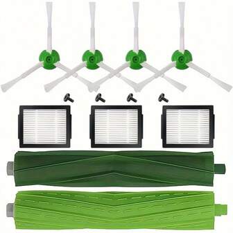 适用于 iRobot I7 I7+ I8 I8+ I1 I2 I3 I3+ I4 I4+ I6 I6+ E5 E6 E7 J6 J7 J7+/Plus E 系列扫地机器人的 8 件套替换零件，包括 1 套主刷、4 个边刷和 3 个滤网。