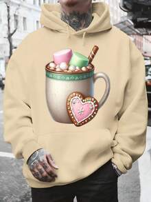 Men's Hooded Sweatshirt, Casual Style Men's Hooded T-Shirt With Hot Chocolate Mug Print Featuring Marshmallows, Heart-Shaped Cookie And Cinnamon Stick, Christmas Design Ideal For Everyday Wear, Social Events, Winter Festivities, Christmas Outfit Ideas, Perfect For Outdoor Activities, Parties, And The Best Gift For Friends. - 杏色 - 查看 6