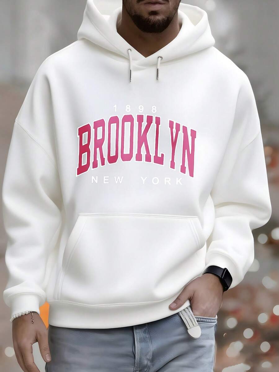 Men's Hoodie, Brooklyn New York 1898 Print Design, Casual Autumn And Winter Clothing, Versatile Top Suitable For Leisure And Sports Outfits, Fashion Gift, Best Choice For Festival Gifts - 白色 - 查看 1