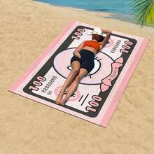 Sanrio Hello Kitty Dollar Bill Design Beach Towel, Modern Polyester Cartoon Print, Knit Fabric Quick-Dry Pool Travel Camping Sports Accessory, 240gsm Lightweight Patterned Oblong Towel For Summer Vacation Gift