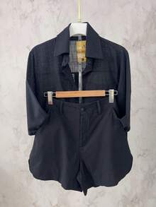 Lightweight Women's Set | Long-Sleeved Shirt And Shorts With Elastic At The Back | Semi-Sheer - 黑色 - 查看 2