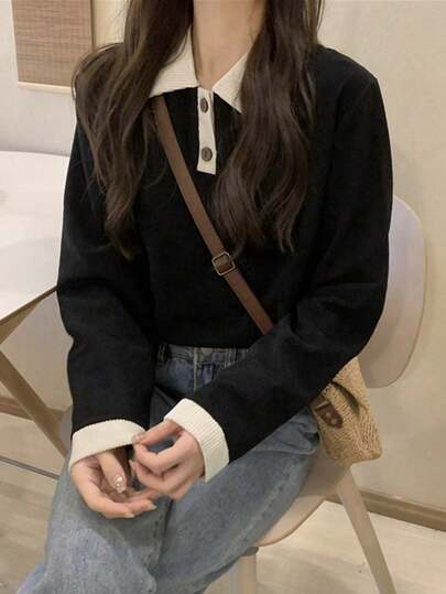 Polo Collar Long Sleeve T-Shirt For Women, Versatile Color Block Casual Top