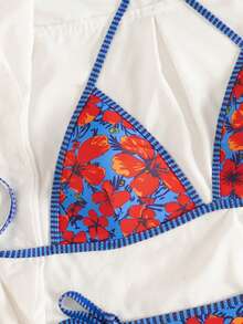 Bộ bikini cổ yếm viền sọc hoa đỏ và xanh dương mùa hè 2026, áo tắm buộc dây bên hông viền tương phản cho kỳ nghỉ nhiệt đới - Màu xanh lam - Xem 5