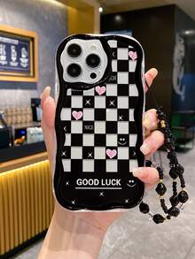 DIY奶油色纹理波浪边亮面格子爱心彩绘防震手机壳，配手工串珠手链，兼容 XR/7/8、15 Pro Max、13、14、11、12、XS；奶油色波浪边亮面彩绘防震TPU软手机壳，兼容 17 Pro/17 Air/17/17 Pro Max、16/11/16 Pro/16 Plus/16 Pro Max/16e、15 Pro Max、13、14、12、XS、XR、7G、8P、Galaxy S25/S25 Plus。 - 彩色 - 查看 2