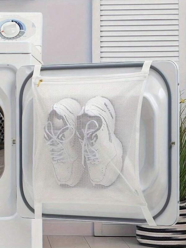 1pc Sports Shoe Dryer And Washing Bag - Durable Polyester Fiber Rectangular Design, Suitable For Standard Dryers, Anti Deformation And Shape Preservation, Drying Bags With Elastic Bands, Durable Fabric Machine Washing Shoes, Special Washing Bags For Clothes And Laundry, Wall Mounted Self-Adhesive Hook And Loop