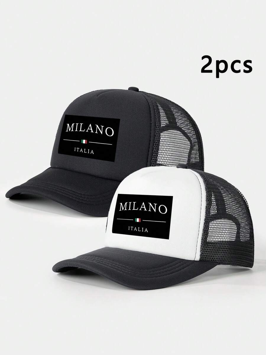 1pc/2pcs Printed Letter "MILANO" Sponge Mesh Cap, Milan Italy Pattern Printed Unisex Sponge Baseball Cap, Adjustable Outdoor Mesh Sun Hat, Lightweight & Breathable For Daily Commute - Multicolor 1 - View 1
