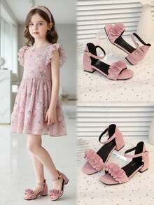 1 Pair Plus Size Girl's Student High Heel Sandals, Red 3D Floral Decor, Soft Fabric, Metal Buckle, Rhinestone, Classic Simple Hook And Loop Design, Square Toe Chunky Heel, Open Toe, Fashion Elegant Cute Roman Sandals, Suitable For Students Aged 3-15, Daily Casual, Hosting, Dance Party, Holiday, Spring/Summer 2026