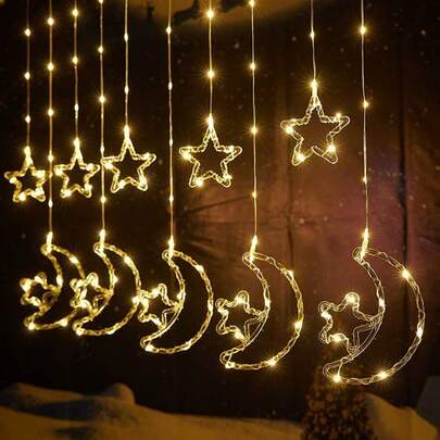 1pc 3 Meters USB 8 Modes Star & Moon Leather Rope Curtain String Lights With Remote Control, Suitable For Wedding, Outdoor, Indoor And Living Room Decor