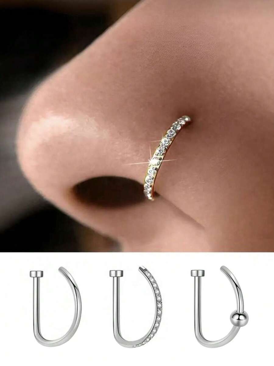 时尚无穿孔设计假鼻环，女士鼻环，金银不锈钢鼻环，朋克风，嘻哈风，D形鼻环，水晶鼻环，锆石镶嵌假鼻环