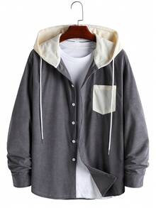 Men's Corduroy Hoodie, Solid Color Casual Streetwear, Contrast Color Patchwork, Minimalist Casual Long Sleeve Drawstring Corduroy Hooded Shirt - Grey - View 1