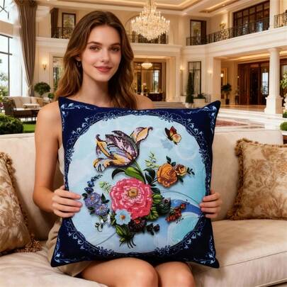 LaoJieYuan 2026新款5D十字绣抱枕套DIY套装，包含刺绣图案、布料、针、线、填充物、缝纫配件，适合初学者