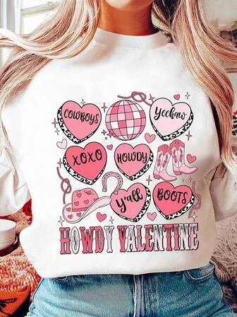 Plus Size Women's Dating Hearts (With Text), Cowboy Elements (Cowboy Hat, Cowboy Boots, Horseshoe, Lasso), Disco Ball, "Howdy Valentine" Slogan, Cowboy-Themed Texts (Cowboys/Yeehaw/Xoxo/Howdy/Y'all/Boots) Round Neck Long Sleeve Minimalist Spring/Summer/Fall Plus-Size T-Shirt Valentine's Day/Back-To-School Graphic Tee Tops For Women