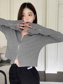 Women's Solid Color Stand Collar Fishbone Short Jacket, Slim Fit Zip-Up Long Sleeve Top - Grey - View 2