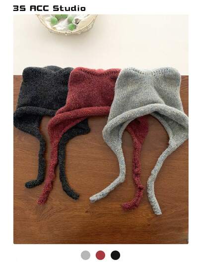 可爱混色猫耳针织帽，女士秋冬护耳毛绒针织帽，保暖防风飞行员帽，带小猫耳的冬季帽子，手工针织保暖翻边帽，女士秋冬款