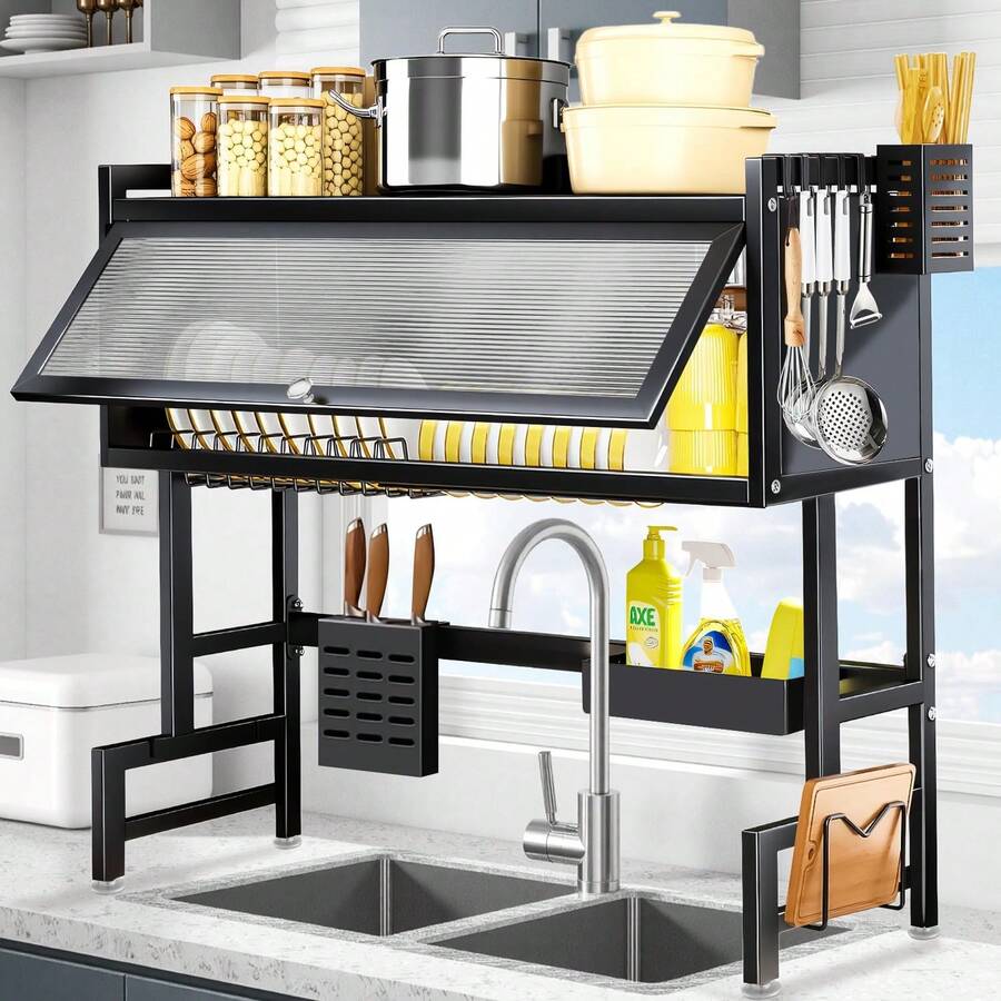 HanTai Over The Sink Dish Drying Rack 3-Tier Dish Drainer Racks With Cover Space-Saving Kitchen Organizer For Dishes, Glasses, Bowls & Cutlery - Black - View 1