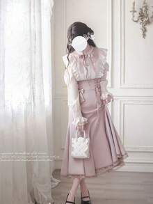 Lolita Set: Fly Sleeve Top + Midi Skirt With Butterfly Hair Accessory (Light Pink/Light Blue) - S/M/L - Màu Hồng baby - Xem 3