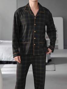 男士格子睡衣套装，纯棉长袖上衣和长裤，透气吸汗，适合春秋季和秋冬季穿着。 - 黑色 - 查看 2