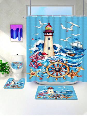 4 piezas Juego de baño con temática náutica azul, estilo océano fresco, adecuado para todas las estaciones y festividades, incluye cortina de ducha, alfombra de inodoro, alfombra de piso, etc. Fondo azul claro con faro, volante de barco, gaviota, coral y otros elementos náuticos, aporta una atmósfera refrescante de océano. Apto para escenas de baño, excelente para actualizar la decoración del baño o crear un espacio con temática de océano, mejora rápidamente la frescura del espacio, adecuado para uso diario o como regalo para entusiastas del océano.