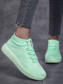 Zapatillas deportivas de mujer con cordones tipo calcetín, cómodas y suaves con puntera redonda para fitness, running y deportes - verde menta - Ver 6