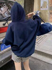 In Stock Real Shots Loose Fit Sweatshirt Long Sleeve Letter Print Sweatshirt, Casual Street Wear Top, Autumn - Navy Blue - View 8