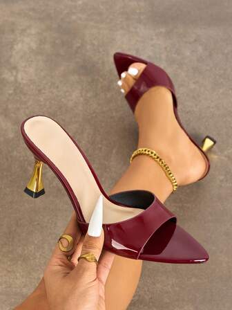 Women's High Heels, Fashionable Party/Outdoor Wear, Elegant Banquet, Contrast Color Splicing, Wine Glass Heel, Thin High Heel, Glossy Trim, Strap Design, High-Quality Soft Mirror Material, Sexy Mule, Pointed Toe, Elegant Wine Red, Suitable For Catwalk, Casual, Home, Outdoor, Travel, High Heel Sandals