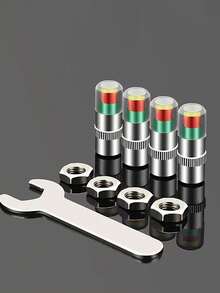 4-Piece Set: Car Tire Valve Stem, Tire Pressure Monitoring Alarm Cap, Warning Valve Cap, Metal Valve Stem, Car And Motorcycle Tire Valve Stem, Indicating Pressure Gauge. - Silver - View 1