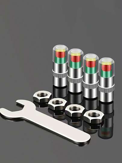 4-Piece Set: Car Tire Valve Stem, Tire Pressure Monitoring Alarm Cap, Warning Valve Cap, Metal Valve Stem, Car And Motorcycle Tire Valve Stem, Indicating Pressure Gauge.