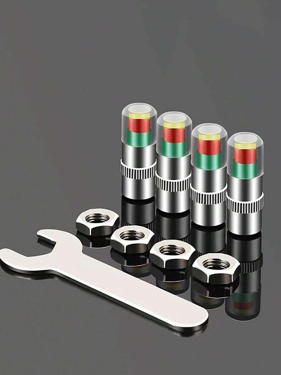 4-Piece Set: Car Tire Valve Stem, Tire Pressure Monitoring Alarm Cap, Warning Valve Cap, Metal Valve Stem, Car And Motorcycle Tire Valve Stem, Indicating Pressure Gauge. - Silver - View 1