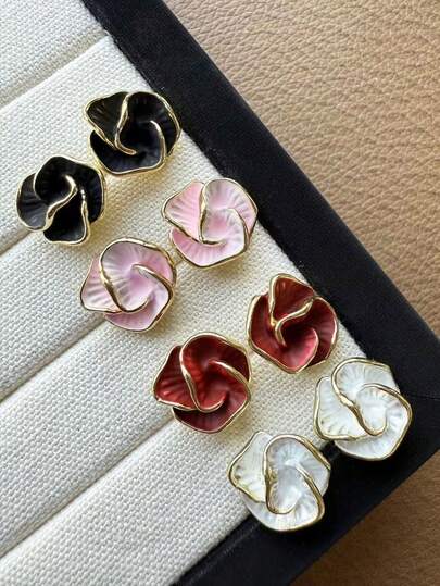 4pcs/Set Minimalist Chic Camellia Flower Stud Earrings, Indie Design Delicate Earring Set, Versatile High-End Jewelry Suitable For Women Daily And Festivals