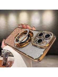 Rhinestone Bling Phone Case With Magnetic Kickstand Compatible With IPhone - Full Body Protection, Shockproof, Scratch-Resistant, And Stylish Design - Compatible With IPhone 17 16E 15 14 13 12 11 X XS Max XR Pro Plus Galaxy Honor OPPO + Infinix Smart8 9 - Gold - View 4