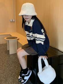 Casual Polo Collar Colorblock Striped Drop Shoulder Sweater, Autumn/Winter - Navy Blue - View 6