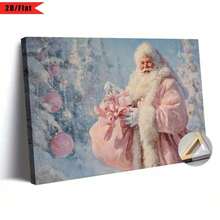 [2D Plano] Impresión en lienzo de Santa Claus rosa de 1 pieza - Rosa macaron y pared enmarcada con fondo suave, marco de madera y lienzo envuelto, ganchos fáciles de instalar, decoración navideña moderna minimalista, adecuada para dormitorio, sala de estar, habitación - Vacaciones únicas - Multicolor - Ver 4