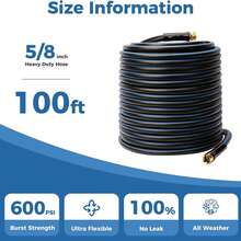 100 Ft Garden Hose 5/8",Heavy Duty Water Hose,Lightweight & Kink Free Rubber Hose With Holder,Male To Female Fittings,Durable & Flexible Hose For Outdoor,Lawn And Car Washing - 黑色 - 查看 2