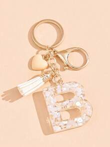 26 Choices Red Epoxy First Initial Letter Keychain, Cute Heart Tassel Keychain, Fashion Bag Accessory Wallet Charm Pendant, Party Favors, Suitable As Gifts For Friends - Beige - View 19