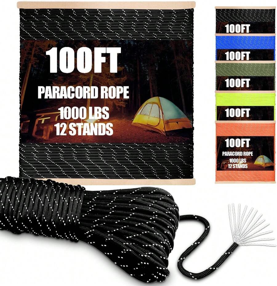 EstiloCooBigo - Cuerda De ParacaíDas De 1000 Libras, 4 Mm, 12 Hebras, 100 Pies, Reflectante, Color Negro, Paracord Para Bricolaje, Pulsera/Cordones, Tienda De CampañA, Senderismo, Supervivencia U OtrosVersióN Mejorada - Negro reflectante - Ver 1