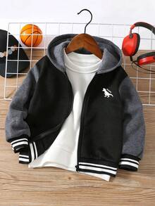 1pc Boys' Casual Hooded Sweatshirt Jacket, Warm, Comfortable, Versatile, Suitable For Autumn/Winter Daily Wear, School, Travel And Sports - 黑色 - 查看 1