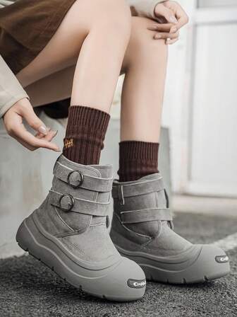 Botas de nieve para mujer, forradas térmicamente para otoño/invierno, diseño de doble hebilla, cálidas, zapatos altos para nieve antideslizantes para exteriores, forro de piel, punta redonda, esencial versátil de moda para el invierno, diseño de boca abierta y cabeza grande, parte superior de cuero ante, botas de trabajo versátiles para mujer