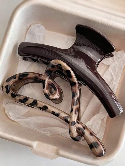 2pcs/1pc Women 4.65in/11.8cm Brown Leopard Print Heart-Shaped Large Lightweight Plastic Hair Clips, Fashionable Versatile High-End Elegant Minimalist Solid Color Hair Accessories Suitable For Daily Outings, Casual, Party, Commute, Vacation, Ponytail, Bun, Face Washing, Makeup, Outfit Matching Women Hair Claw Hair Clutch Elegant Claw Clip