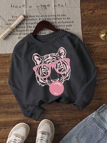 Women's Autumn Tiger Print Crew Neck Sweatshirt, Casual Loose Multifunctional Holiday Style Top, Suitable For Daily Wear, Autumn/Winter Fashion - Dark Grey - View 3