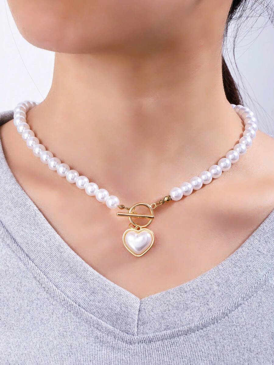 1pc Vintage Elegant Romantic Faux Pearl Heart Pendant Necklace, Gift For Girlfriend - Multicolor 3 - View 1