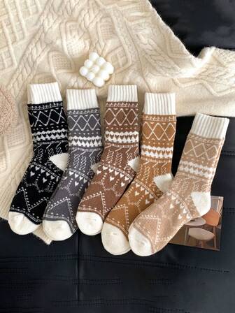 5pcs Women's Vintage Rhombus Pattern Fleece Socks, Thick & Warm For Autumn/Winter, Suitable For Outdoor Cold-Resistant