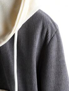 Men's Corduroy Hoodie, Solid Color Casual Streetwear, Contrast Color Patchwork, Minimalist Casual Long Sleeve Drawstring Corduroy Hooded Shirt - Grey - View 5