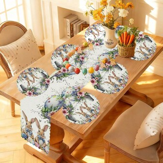 1/7 st ny vår/sommar påsk elegant spetsduk och bordsunderlägg, kaninägg blommig digitaltryck polyester säsongsbetonad heminredning kök matsal, flera storlekar tillgängliga, hållbar påskdekoration lämplig för familjesammankomster, fester